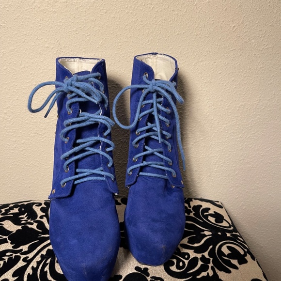 Blue Faux Suede, Platform, Spiked Chunk Heel, Lace-up, Gaga, Ankle Boots - Picture 5 of 12